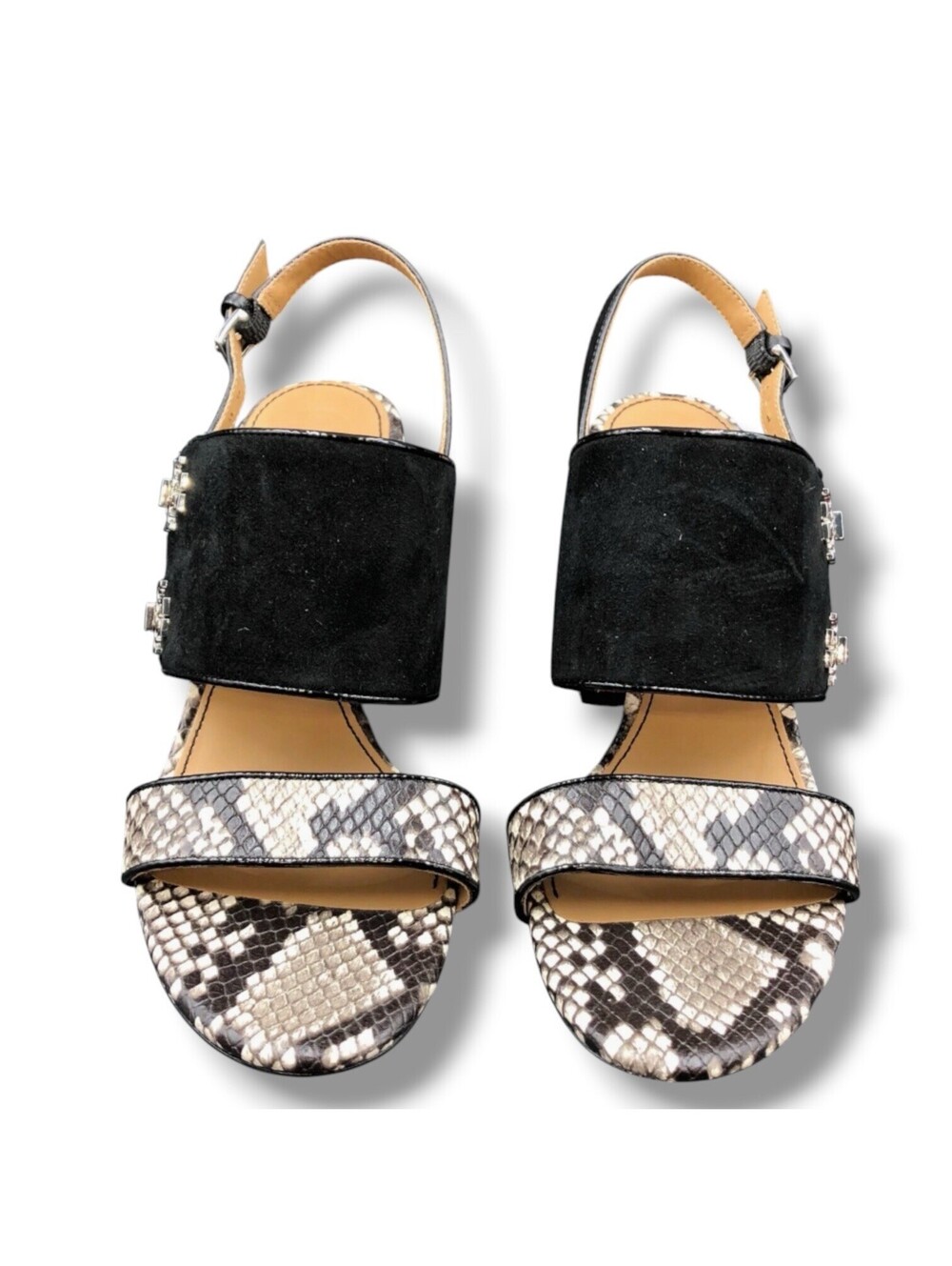 Tory Burch Kira Women’s 7 Black Suede Snake Embossed Block Heel Sandals - Picture 2 of 10